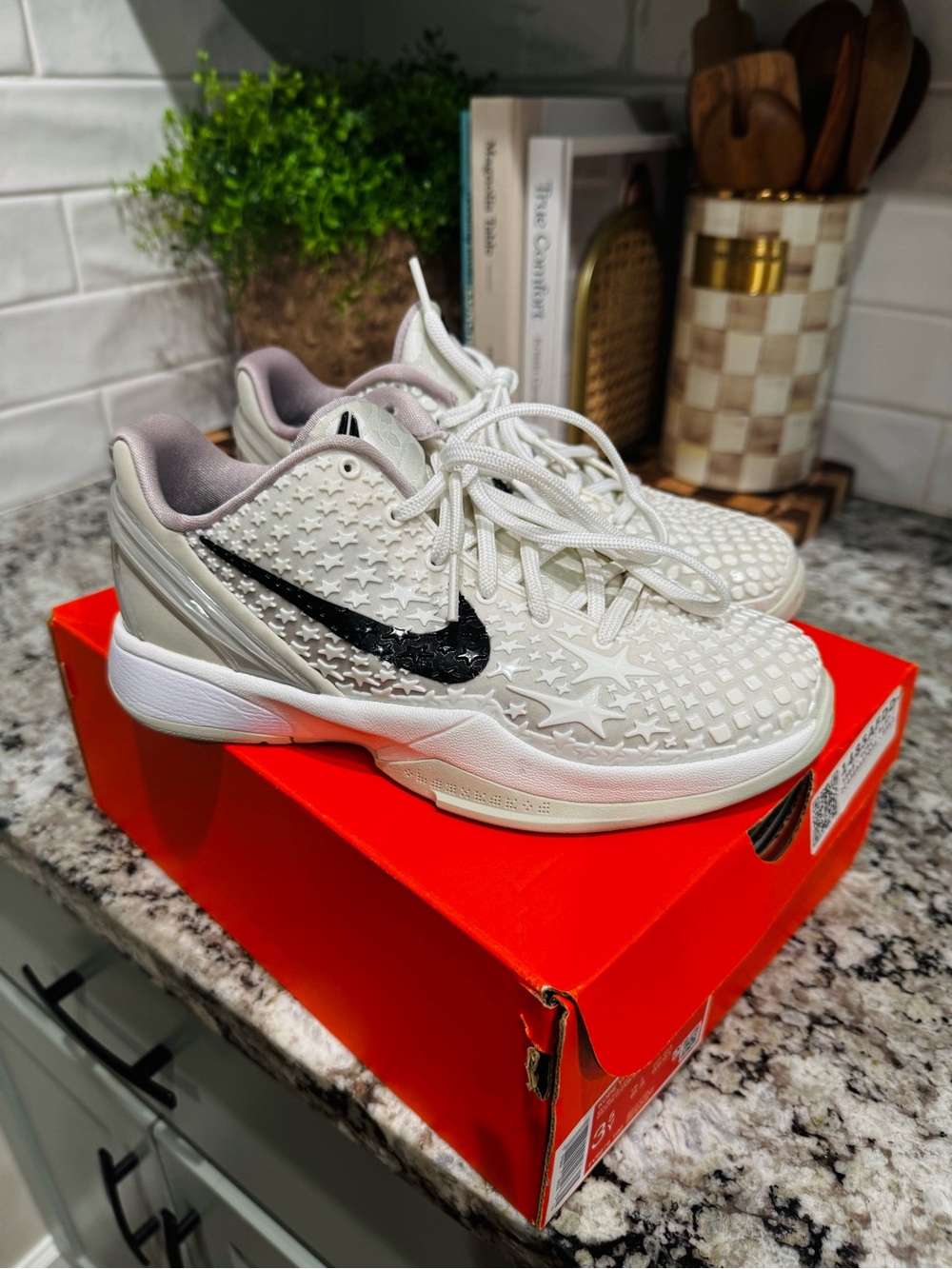 Kobe Nike Kids White Sneakers with Black Swoosh and Light Gray Accents